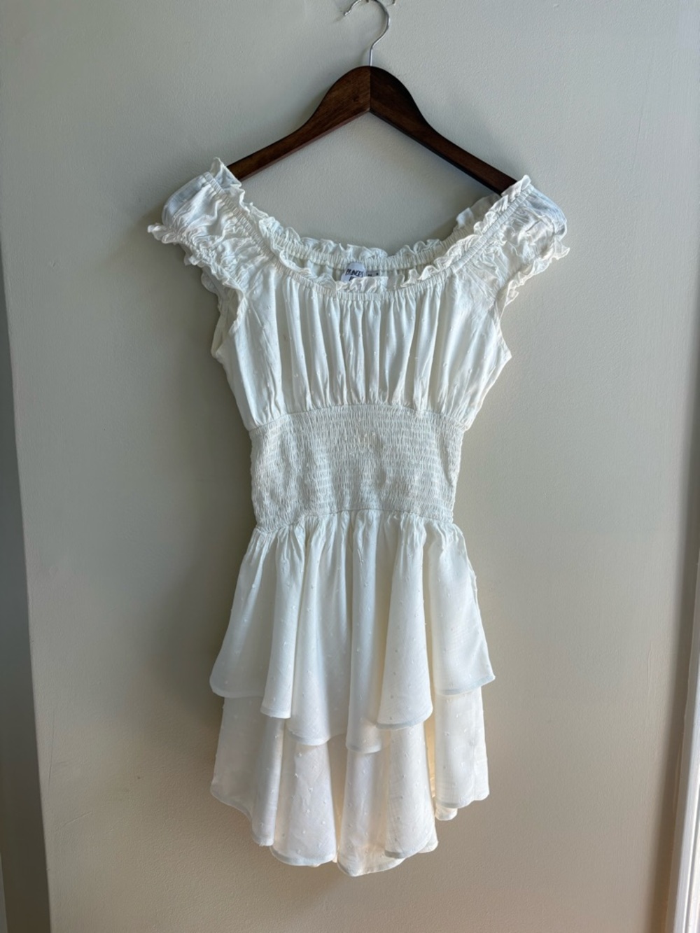 Princess Poly Cream Off Shoulder Ruffle Mini Dress Romper Build In Shorts Size 4 - Picture 5 of 8